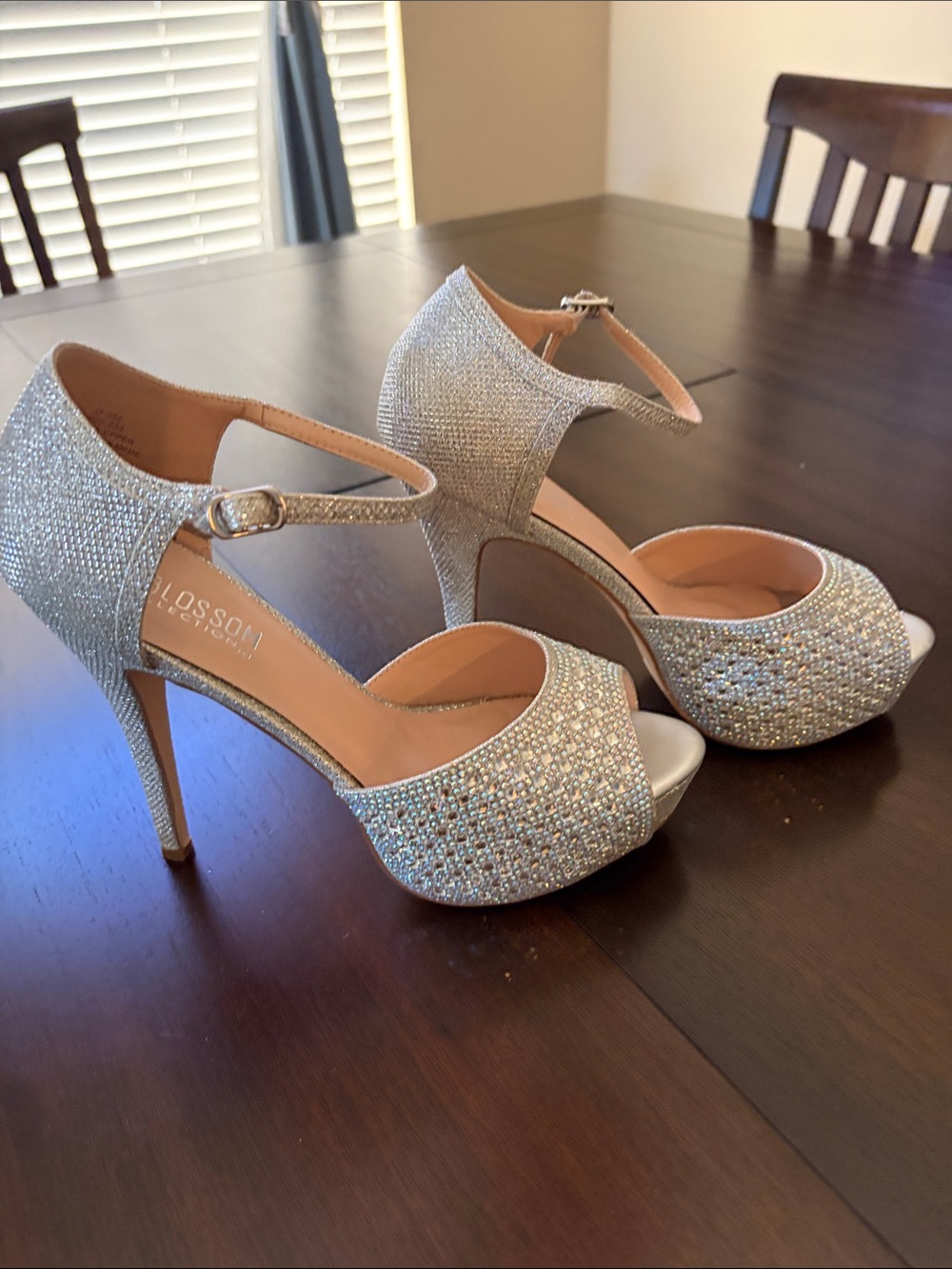 De Blossom Collection Silver Rhinestone Platform Heels